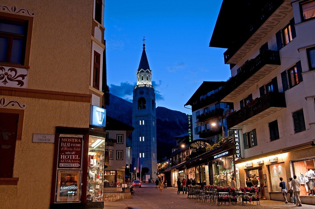 Cortina, downtown in the evening near the main square in Cortina Italy