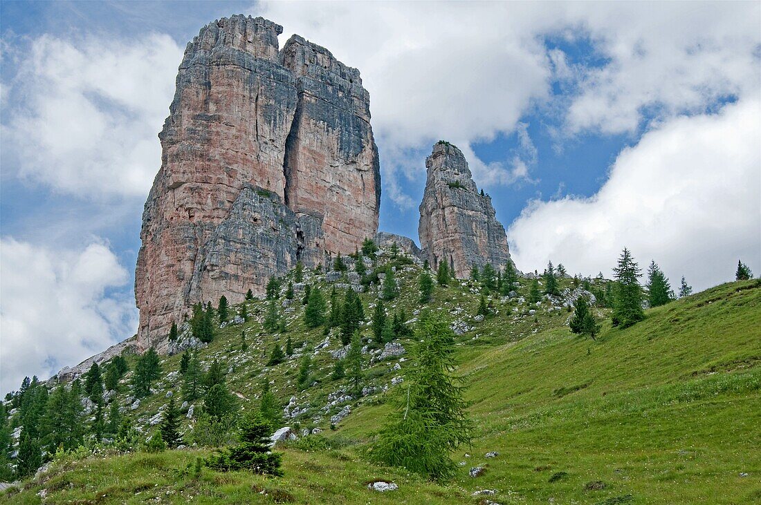 Cortina, Cima Sud at Cinque Torri showing the Myriam rock climbing route which is rated 5, 8 and located in The Dolomite Mountains high above the city of Cortina in northern Italy