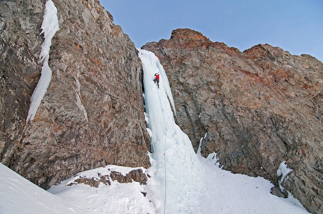 Mark Weber ice climbing a route which is rated WI4 near Silver Creek high in the Boulder Mountains in central Idaho
