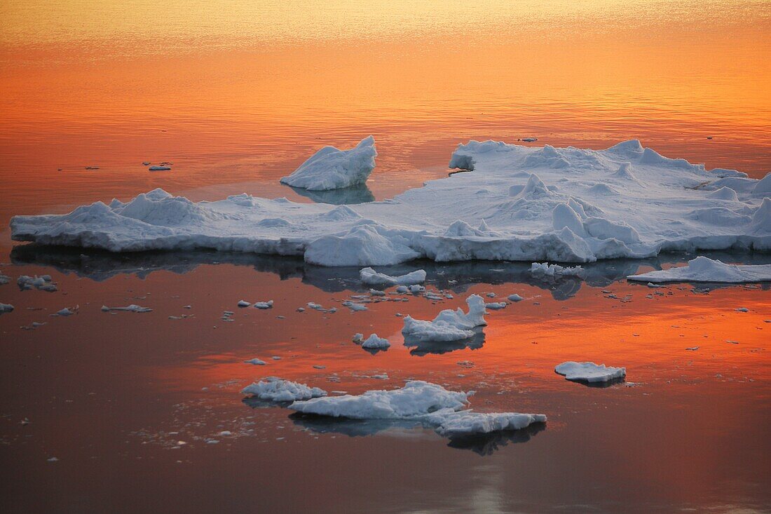 Sunset on fresh sea ice and tabular icebergs in the Weddell Sea, Antarctica