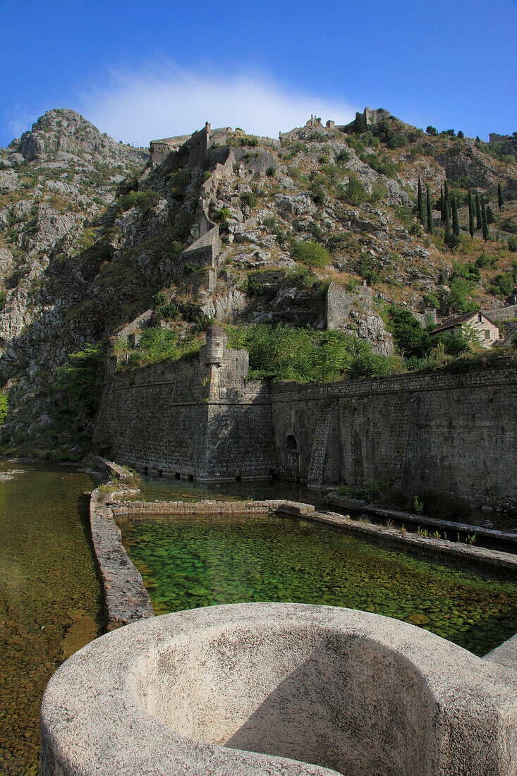 Montenegro, Kotor, fortifications, north wall, Skurda River