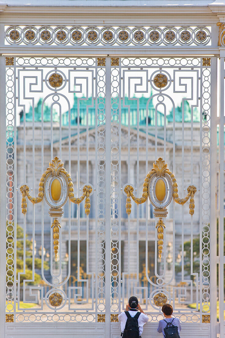 An elaborate tall iron gate marks the main entrance to the Geihinkan, the Akasaka Detached Palace officially known as the State Guesthouse, located in the upscale Akasaka district of central Tokyo, Japan.