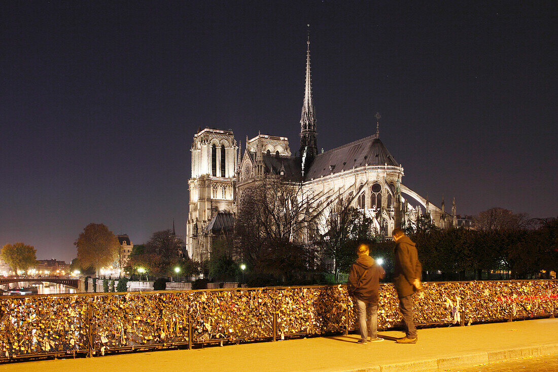 France, Paris, 4th, Ile de la Cité, the cathedral Notre Dame and la Seine at night, tourist looking the padlocks of love at the Archevêché Bridge