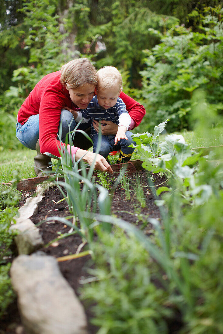 Mother and son examining plants. Mother and son examining plants