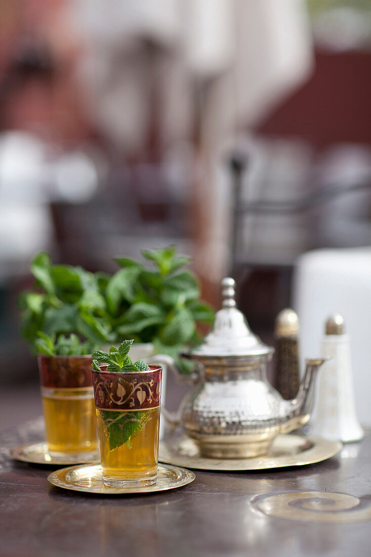 Glasses of mint tea on table. Moroccan Mint Tea, Marrakech, Morocco