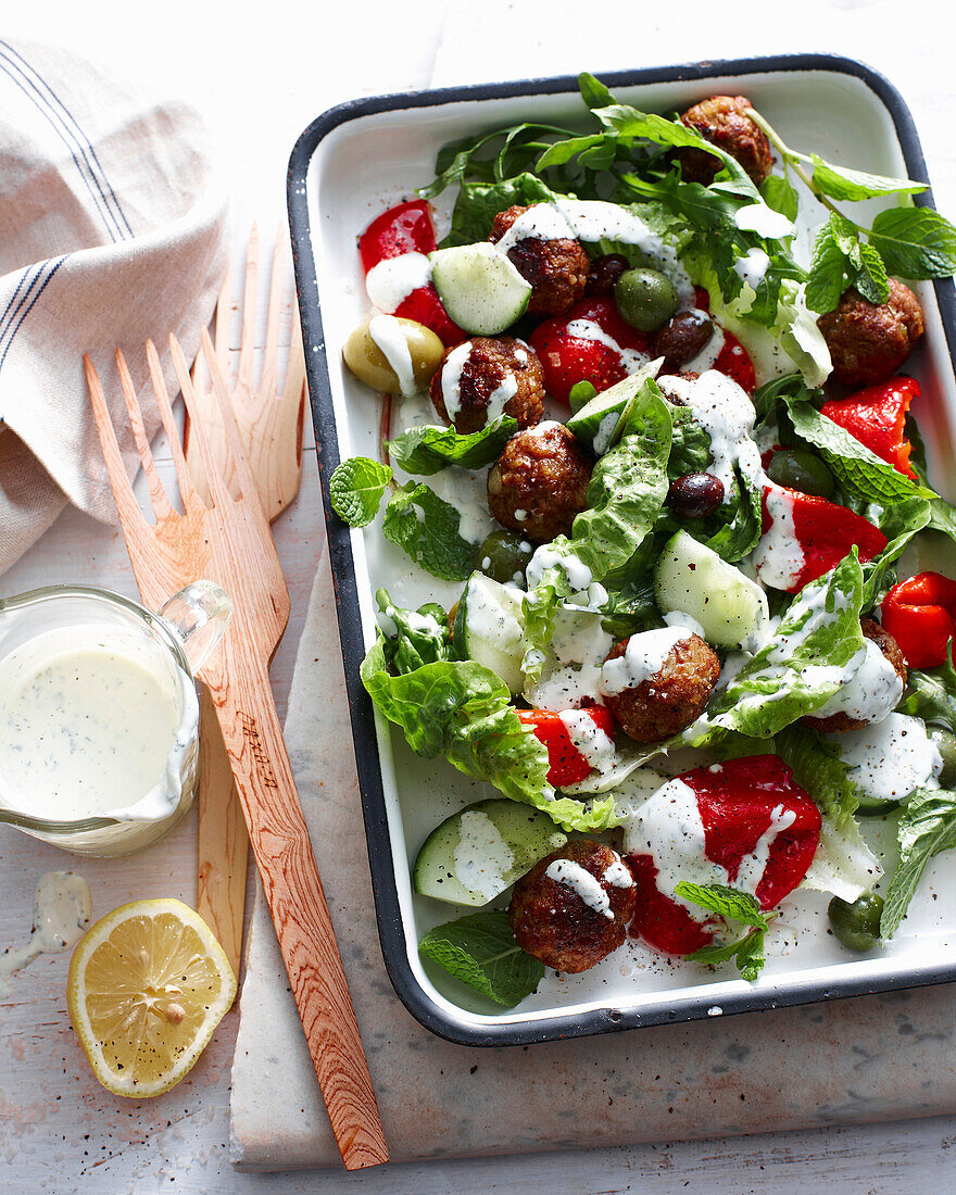 Tray of Greek lamb salad. GreekLambMeatballSalad