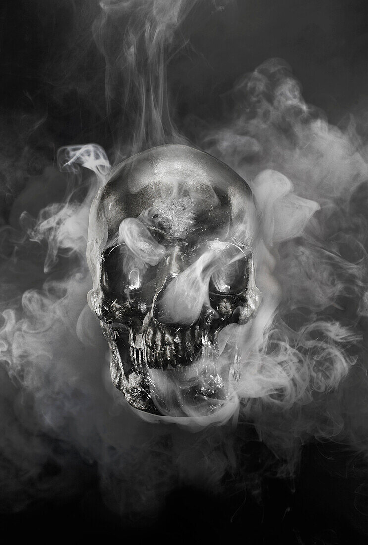 Smoke pouring from metal skull. Human Skull with Smoke, Still Life