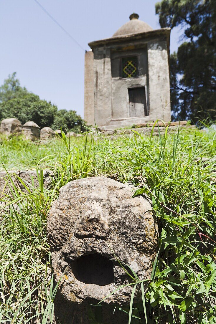 Sculptures in the compound of St  Mary of Zion, Aksum, which date possibly back to old pre-christian aksumite kongdoms  Aksum is the most important religious center of the ethiopian orthodox church  the Ark of the covenant, which is the holy of holy of th