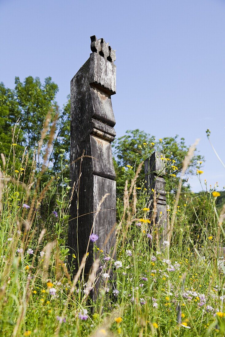 Aggtelek national park  The villlage of Josvafoe in the national park, traditional hungarian grave markers or totem poles, in hungarian called Kopjafa  Aggtelek National Park is protecting the UNESCO world heritage of the caves of the Aggtelek and slovak