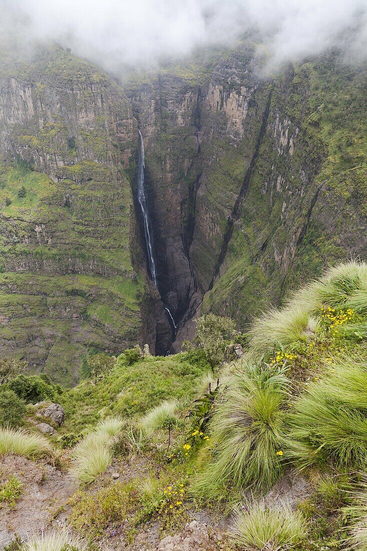 Landscape in the Simien Mountains National Park  Jinbar waterfall is plunging down for about 500m from the edge of the escarpment The Simien Semien, Saemen, Simen Mountains National Park is part of the UNESCO World heritage and is listed in the red list o