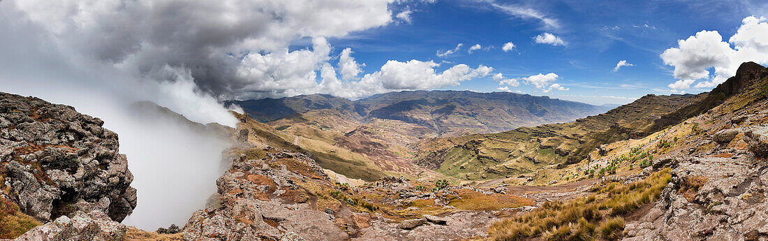 Landscape in the Simien Mountains National Park  view from Bwahit pass towards the mountain range of Ras Dajen Ras Dejen, Ras Daschen, the highest peak 4533m in Ethiopia  The Simien Semien, Saemen, Simen Mountains National Park is part of the UNESCO World