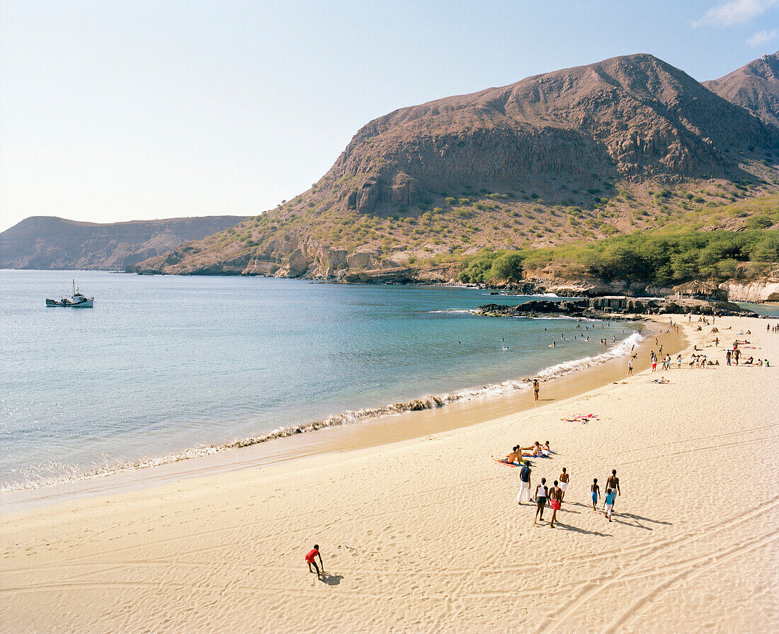 Bathers on the beach in Tarrafal, north of Santiago island, Ilhas do Sotavento, Republic of Cape Verde, Africa