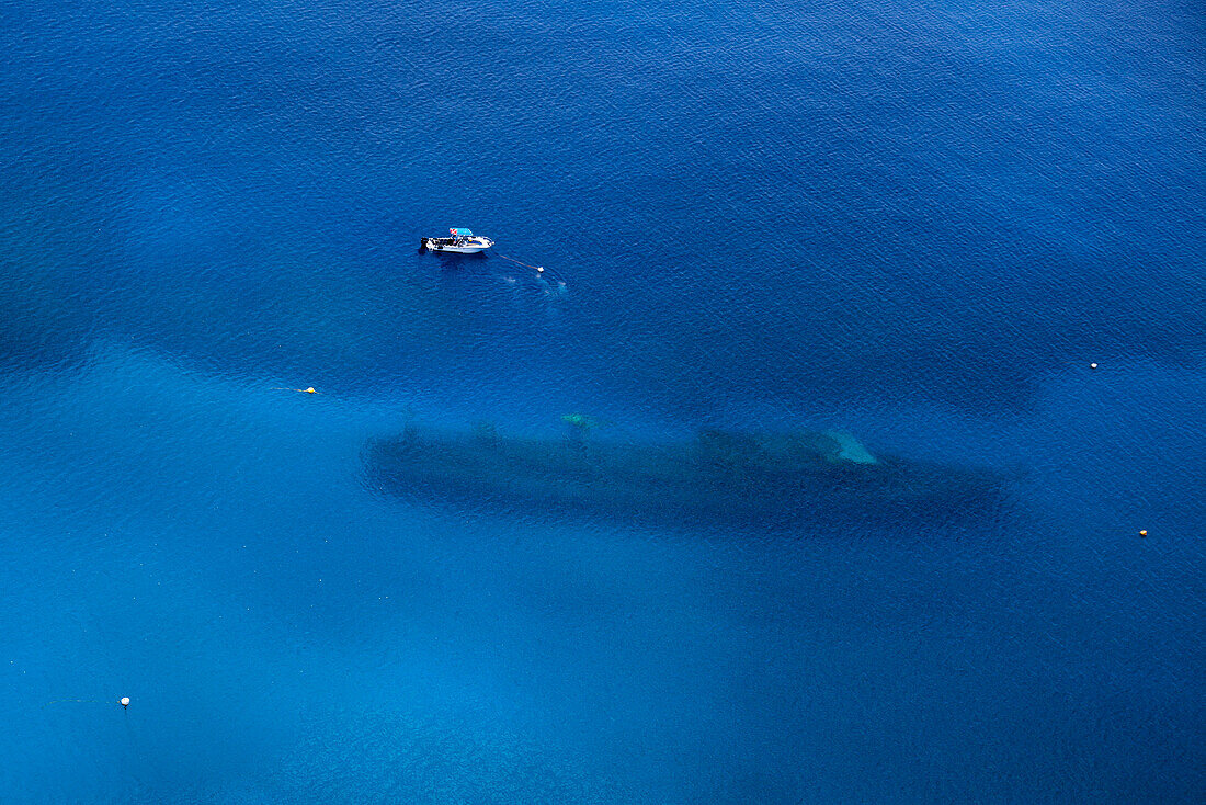 Aerial view of Kittiwake shipwreck artificial reef dive site, Grand Cayman, Cayman Islands, Caribbean