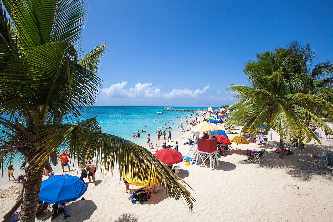 Menschen und Palmen am Strand Doctor's Cave beach, Montego Bay, St. James, Jamaika, Karibik