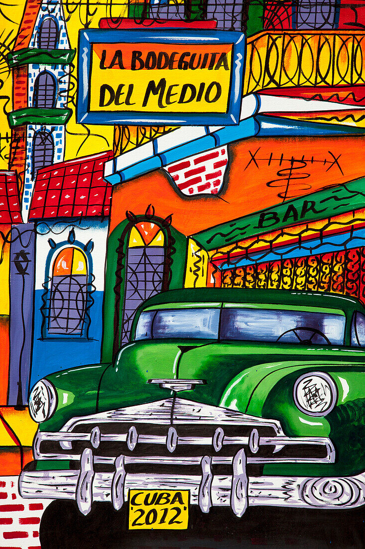 Detail eines bunten Gemäldes mit Motiven von einem amerikanischen Oldtimer Auto und der von Hemingway bevorzugten Mojito Bar La Bodeguita del Medio, Havanna, Havana, Kuba, Karibik