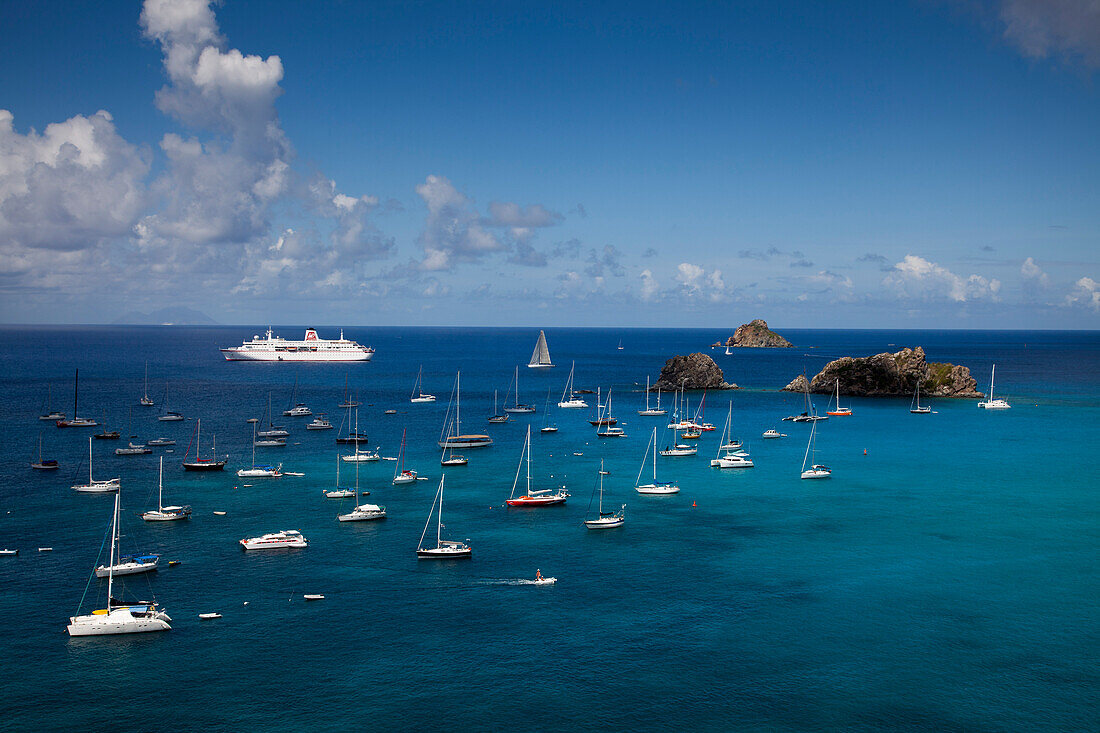 Cruise ship MS Deutschland (Reederei Peter Deilmann) and yachts moored in the harbour, Gustavia, St. Barthelemy, St. Barth, Lesser Antilles, Caribbean