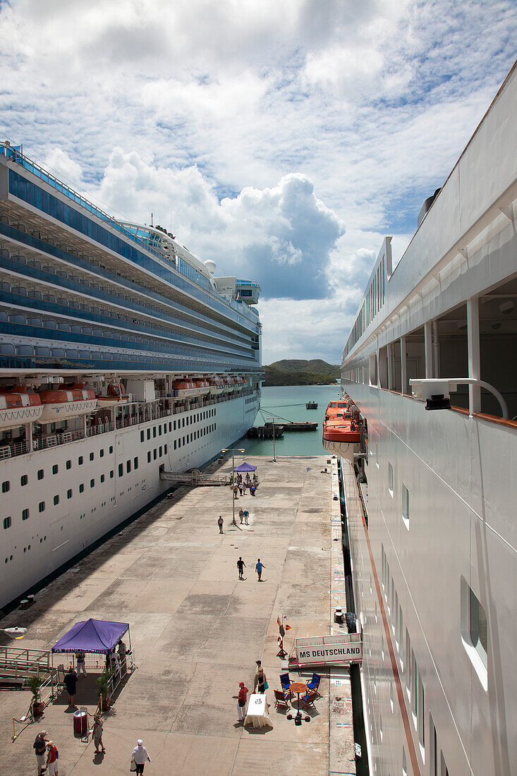 Cruise ships Emerald Princess (Princess Cruises) and MS Deutschland (Reederei Peter Deilmann) at pier, St. John's, St. John, Antigua, Antigua and Barbuda, Caribbean