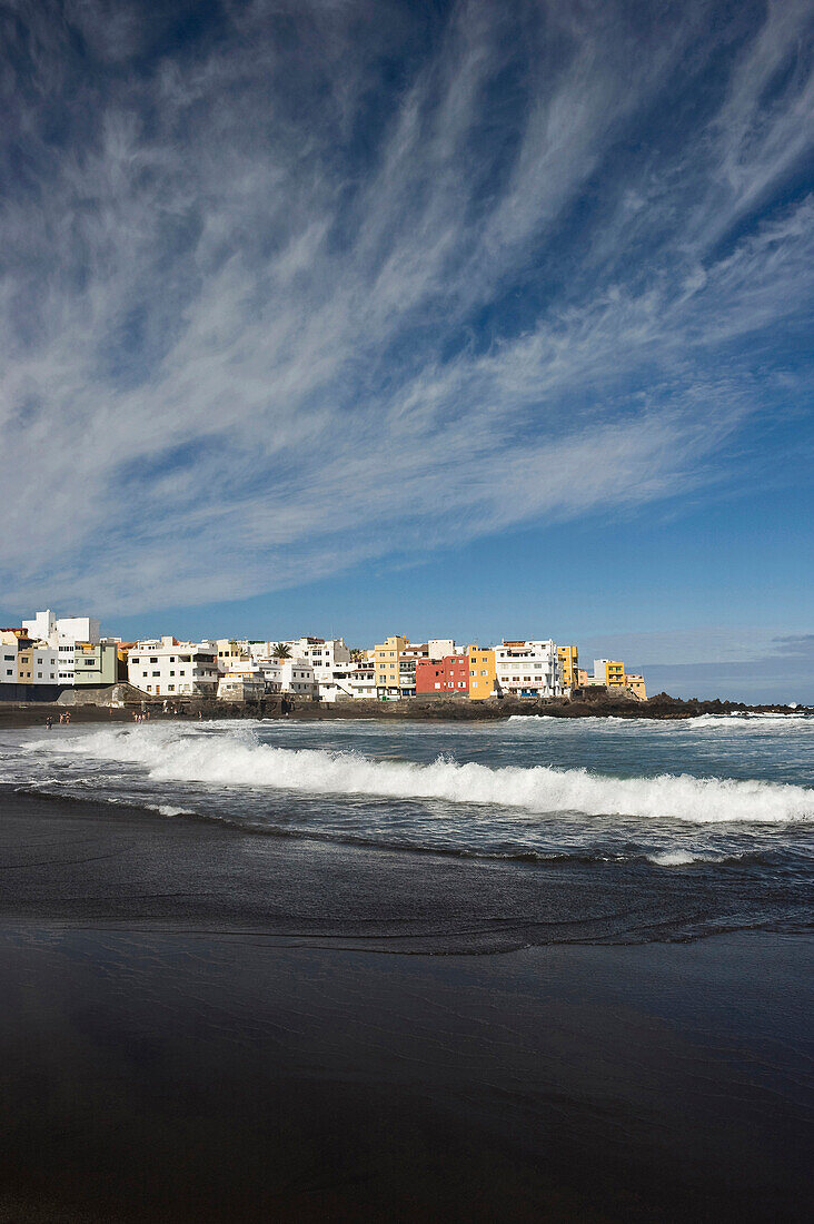 Beach under clouded sky, Playa Jardin, Puerto de la Cruz, Tenerife, Canary Islands, Spain, Europe