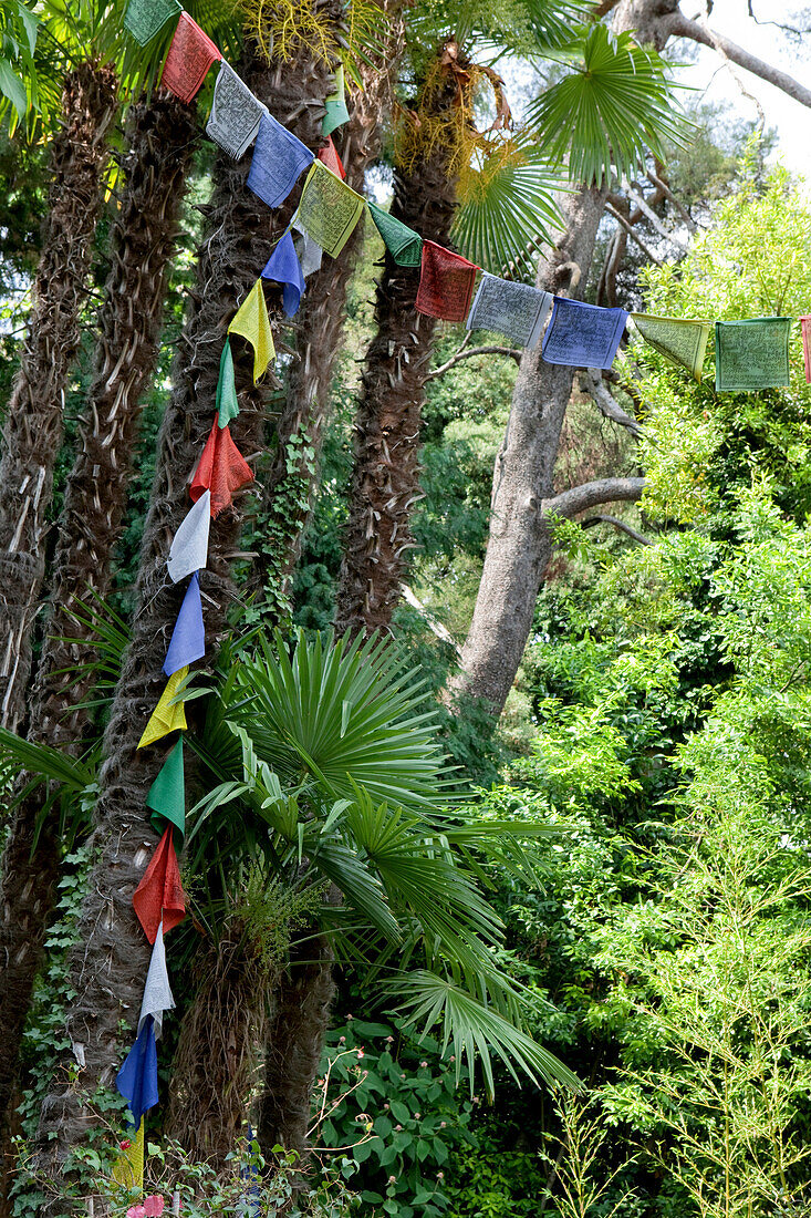 Buddhist prayer flags at Andre Hellers' Garden, Giardino Botanico, Gardone Riviera, Lake Garda, Lombardy, Italy, Europe