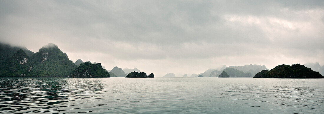 Panoramic view of Ha Long Bay during rain, Tonkin Gulf, Vietnam