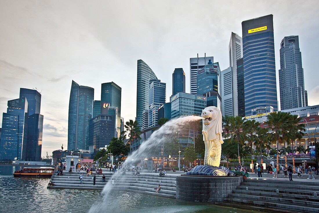 Singapore City, The Merlion and Down Town Skyline.