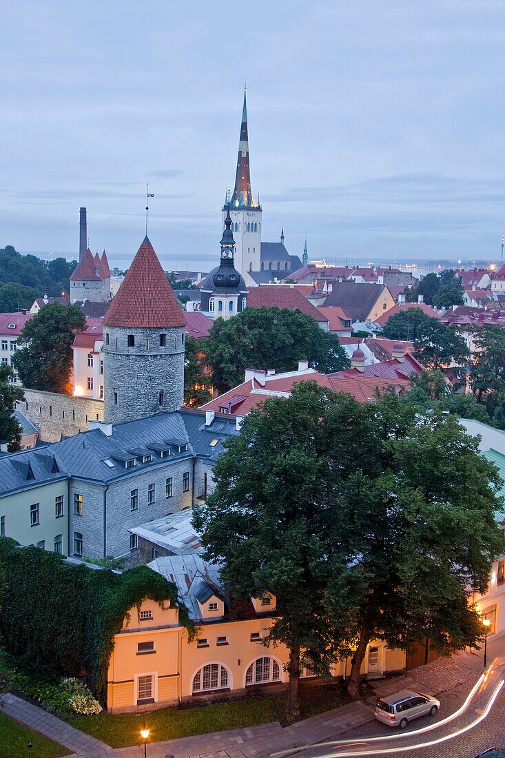 Estonia, Tallin City, The Old City Skyline W H  , City walls and San Olav Church.