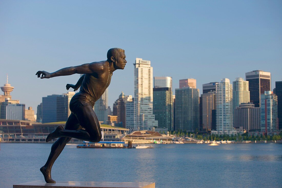 HARRY WINSTON JEROME STATUE STANLEY PARK DOWNTOWN SKYLINE VANCOUVER BRITISH COLUMBIA CANADA