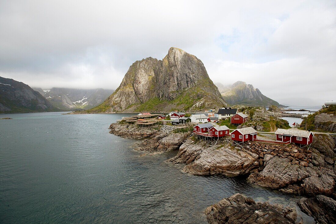 Reine village with the typical red rorbuer and the flakes to dry the cods, Moskenesøy island, Lofoten archipelago, Nordland county, Norway