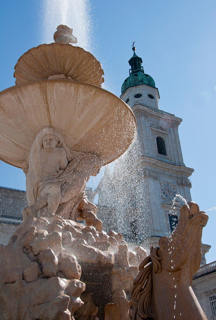 Horse fountain with Salzburg Cathedral in the background