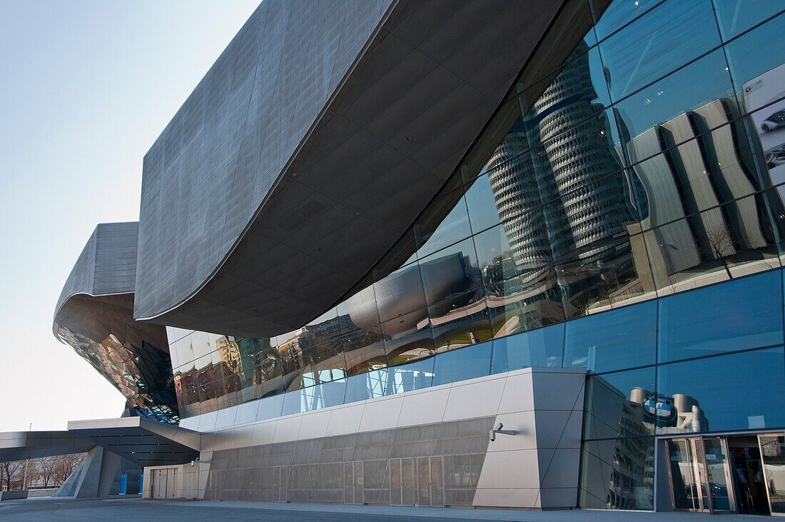 BMW Welt reflections of BMW HQ and museum  Munich  Germany