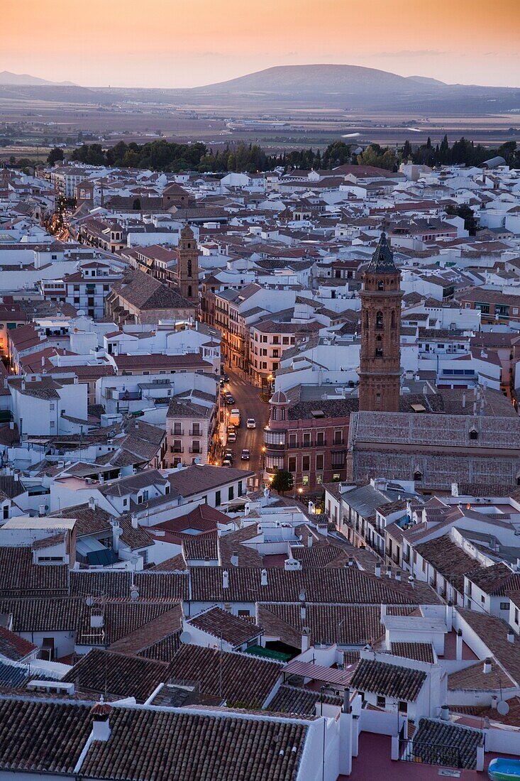 Sunset view of the city of Antequera, from the Tower of Homage of the Citadel, Antequera, Andalusia, Spain