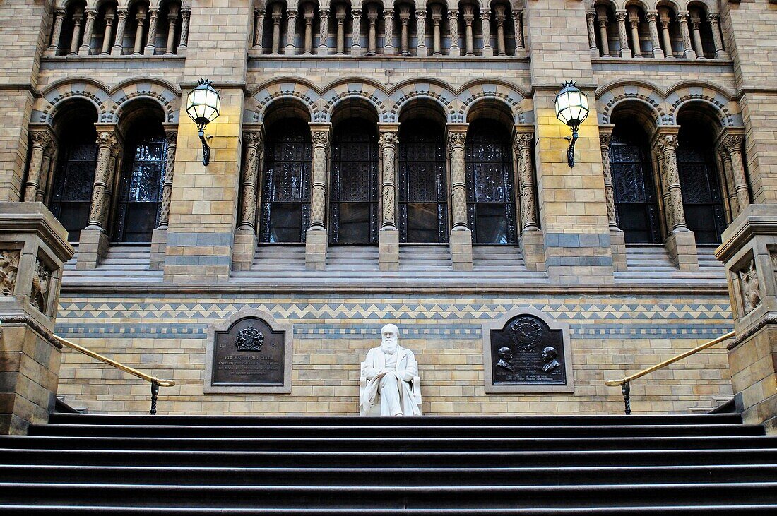 Natural History Museum interior with the statue of Charles Darwin, South Kensington, SW7, London
