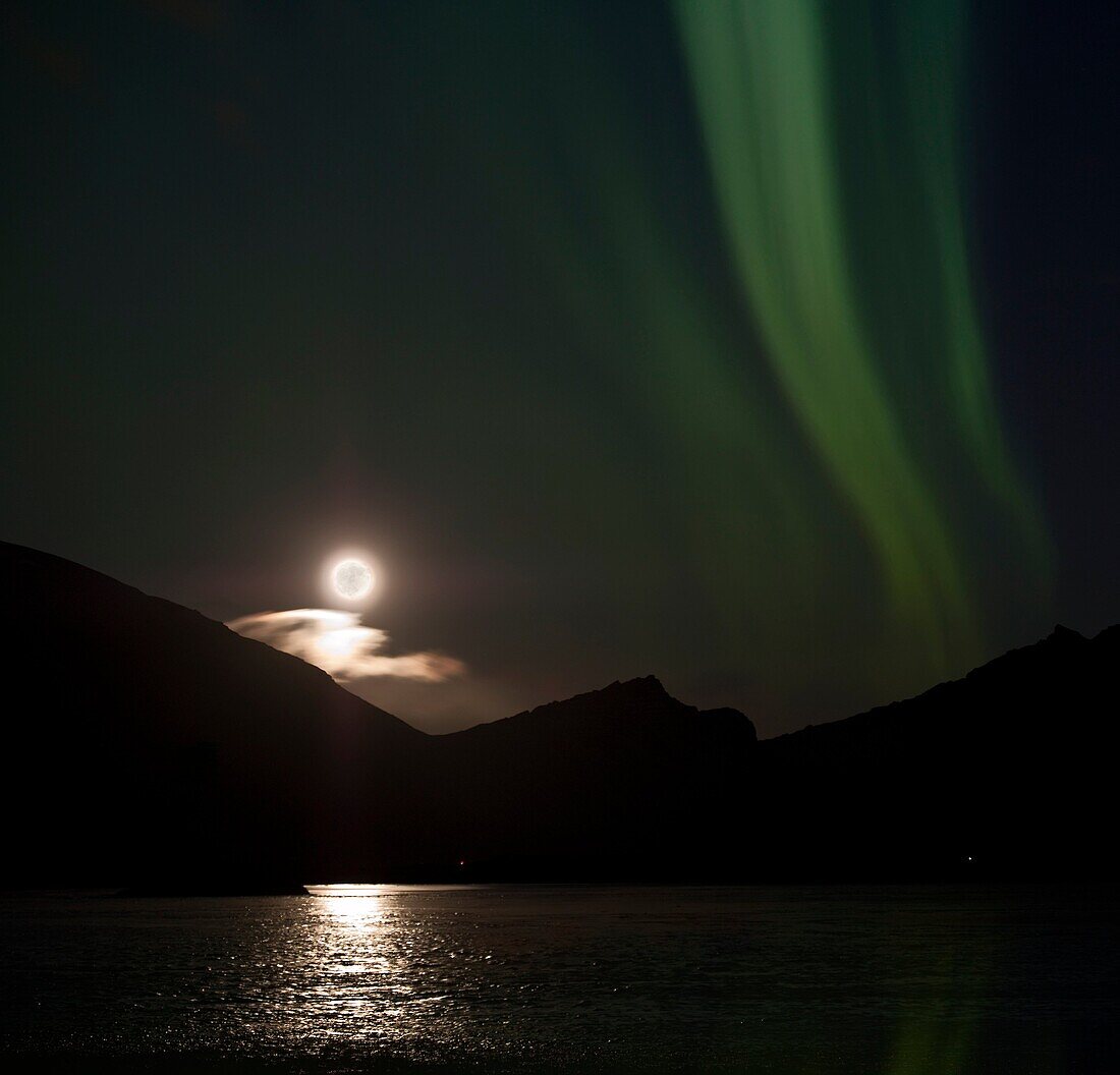 Moonlight with Aurora Borealis, Hornafjordur, Iceland