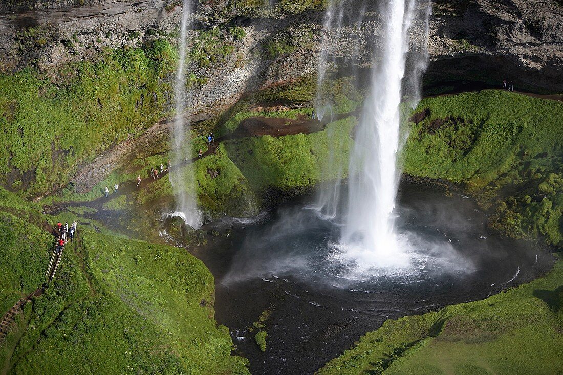Seljalandsfoss Waterfalls, Iceland Walking path behind falls