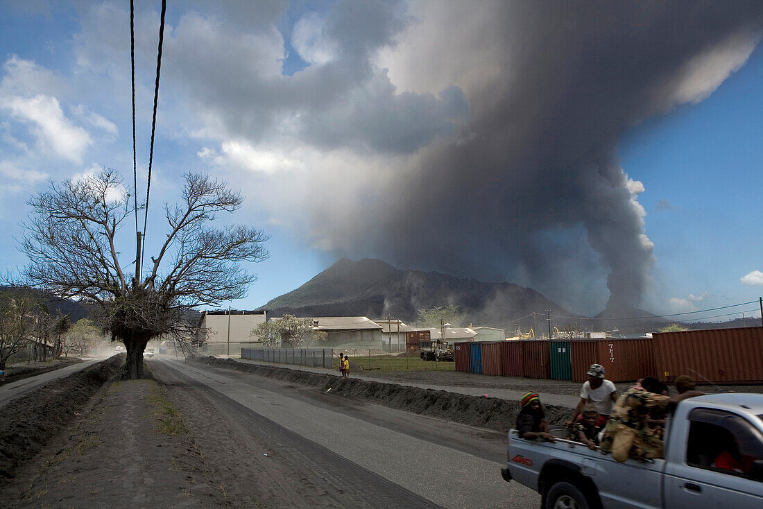 There were 30000 people living in Rabaul city, and many people called it the nicest town in the Pacific until the volcano erupion in 1994, which destroyed everything. Now, only 10000 people still live here amongst the ash, Tavurvur Volcano, Rabaul, East N