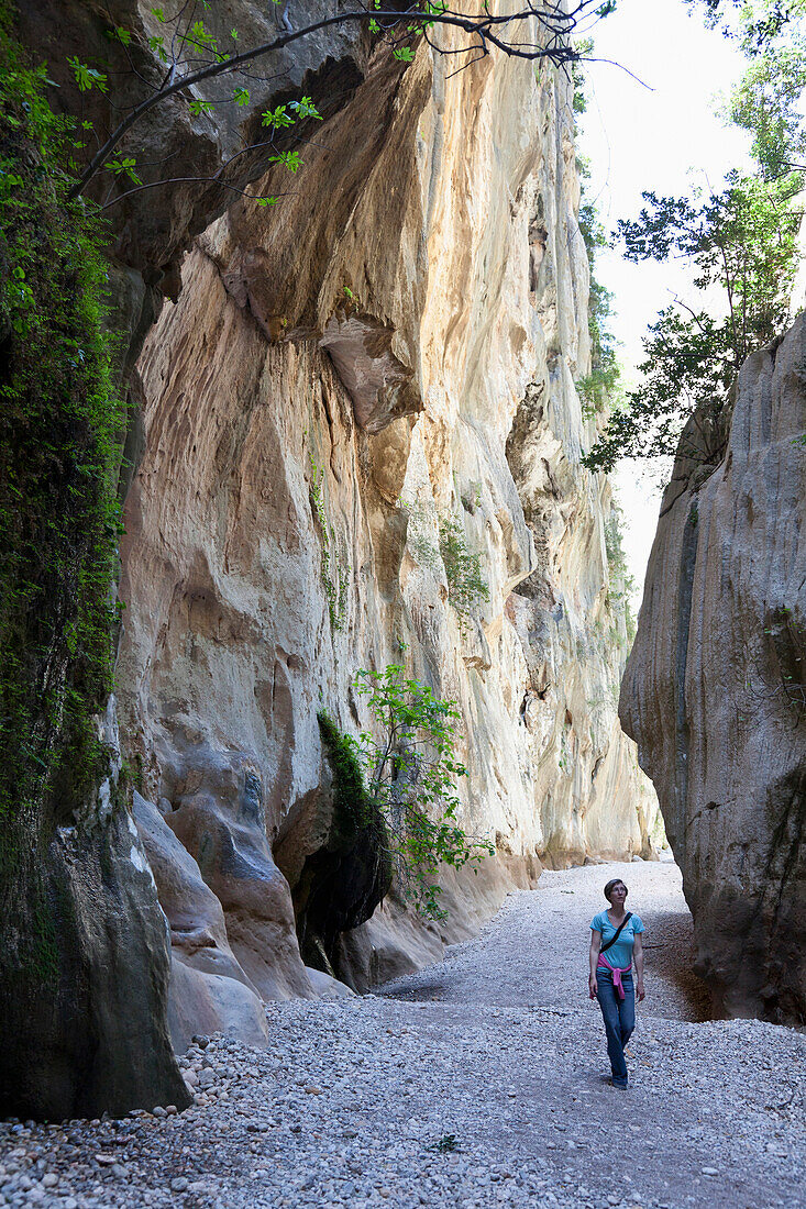 Junge Frau wandert in der Schlucht des Torrent de Pareis, MR, Cala de Sa Calobra, Serra de Tramuntana, UNESCO Weltnaturerbe, Mallorca, Spanien