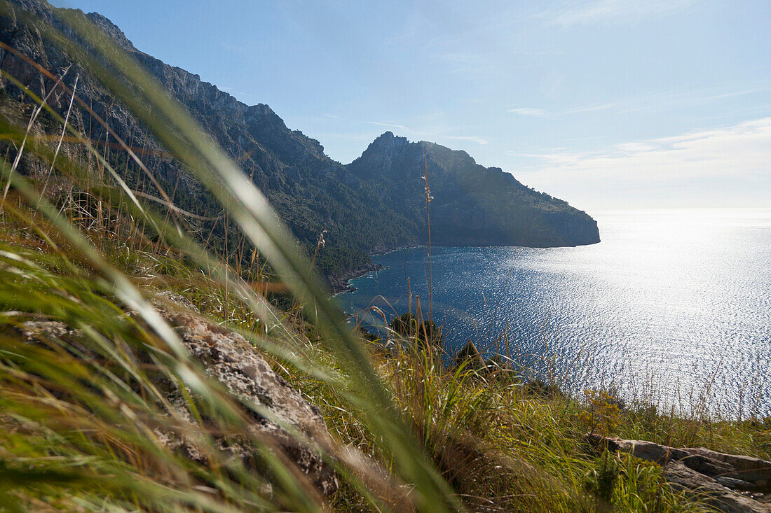 Awesome hiking trail along the north coast of mountains, Mediterranean Sea, Cala Tuent to Soller, Serra de Tramuntana, UNESCO World Nature Site, Mallorca, Spain