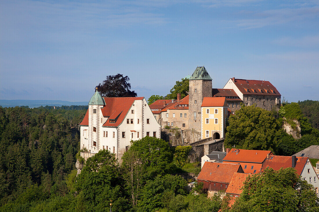 Blick auf Burg Hohnstein, Hohnstein, Nationalpark Sächsische Schweiz, Elbsandsteingebirge, Sachsen, Deutschland, Europa