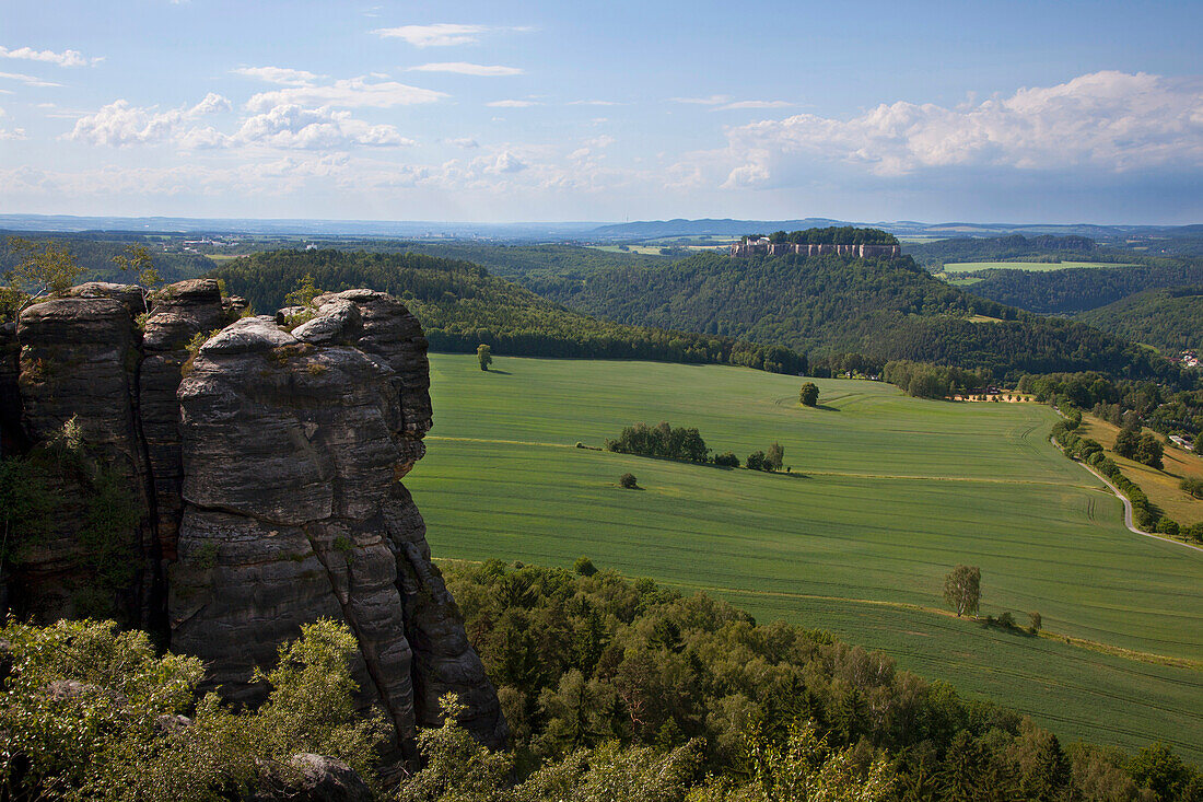 View from Pfaffenstein Rock onto Koenigstein castle, National Park Saxon Switzerland, Elbe Sandstone Mountains, Saxony, Germany, Europe