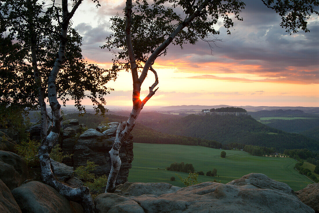 View from Pfaffenstein Rock onto Koenigstein castle at sunset, National Park Saxon Switzerland, Elbe Sandstone Mountains, Saxony, Germany, Europe