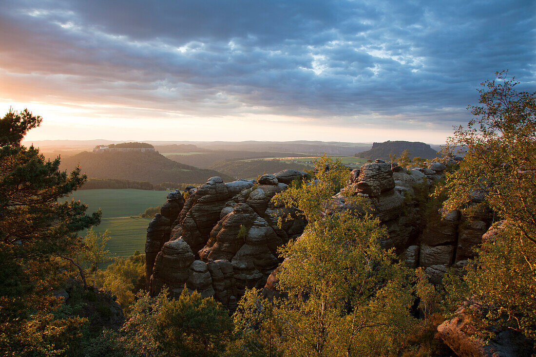 Blick vom Pfaffenstein zur Festung Königstein und zum Lilienstein im Abendlicht, Nationalpark Sächsische Schweiz, Elbsandsteingebirge, Sachsen, Deutschland, Europa