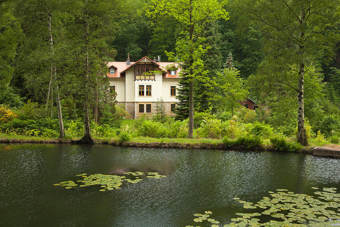 Guesthouse at a pond at Bielatal valley, National Park Saxon Switzerland, Elbe Sandstone Mountains, Saxony, Germany, Europe