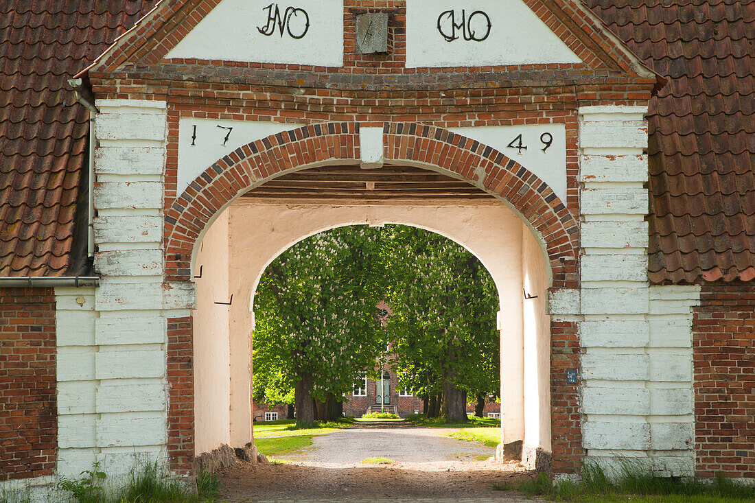 Blick durch ein Tor auf Kastanienallee zu einem Gutshof, Ostsee, Schleswig-Holstein, Deutschland, Europa