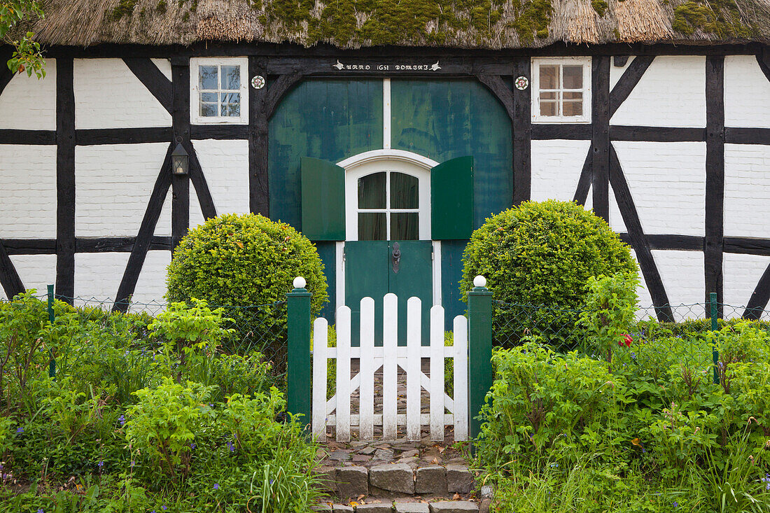 Half timbered house with thatched roof, Sieseby, Baltic Sea, Schleswig-Holstein, Germany, Europe