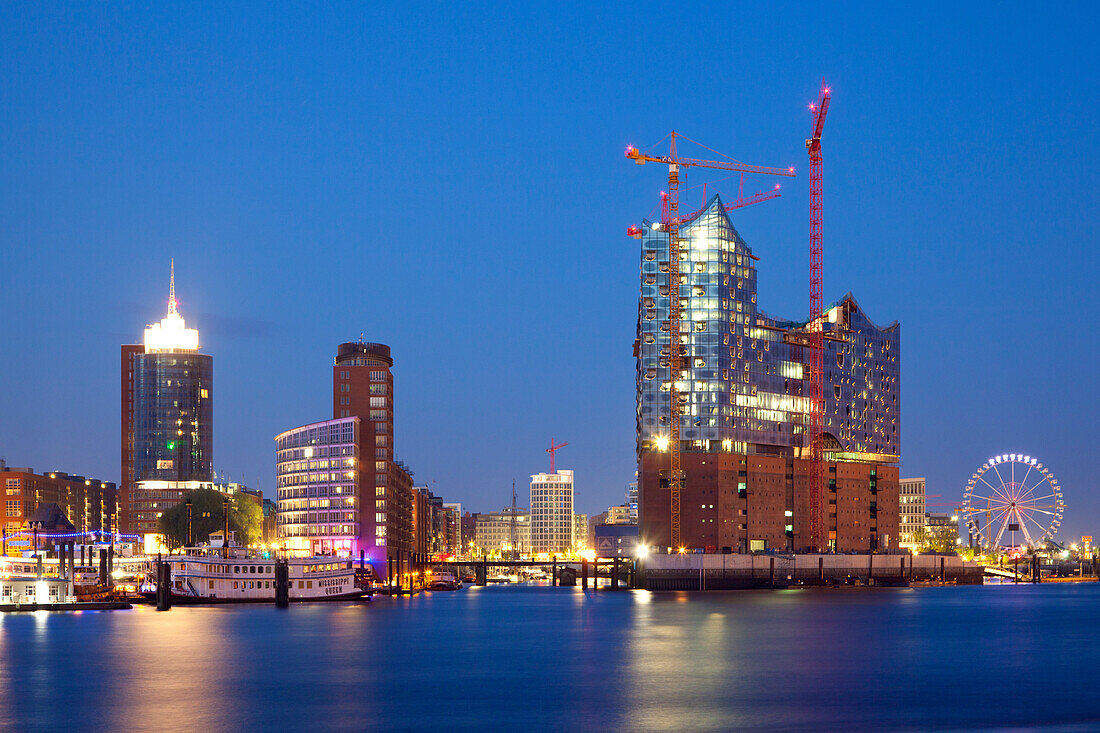 View of Hafen City and Elbphilharmonie at night, Hamburg, Germany, Europe