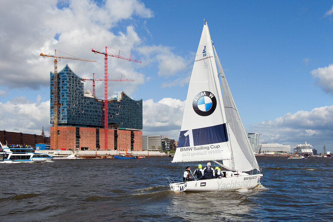 Sailing yacht of BMW Sailing Cup in front of the  Elbphilharmonie, Hamburg, Germany, Europe