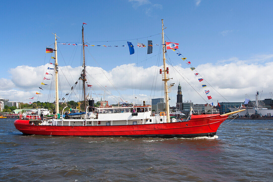 Museum ship Elbe 3 at the harbour in front of St. Michaelis church,  Hamburg, Germany, Europe