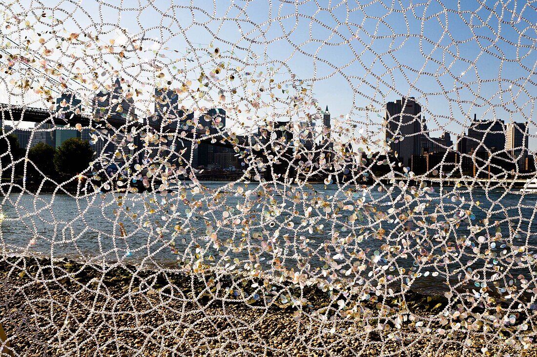 New York - United States, Manhattan, Brooklyn, Dumbo festival, Art exhibition Natsu Aurora, the Goddess of sparkle, in the Fulton Ferry Landing, skyline and East river, Brooklyn bridge park