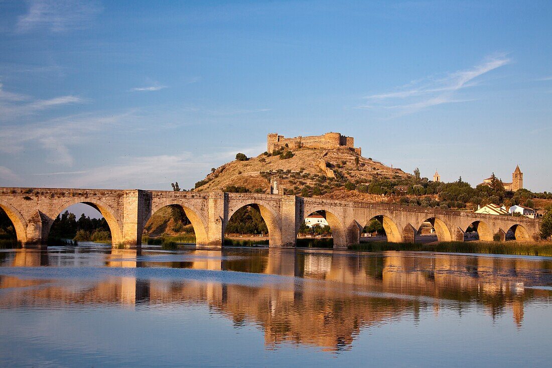 Spain-Spring 2011, Extremadura Region, Medellin City,(birth place of Hernan Cortes), Guadiana river,medieval bridge and castle