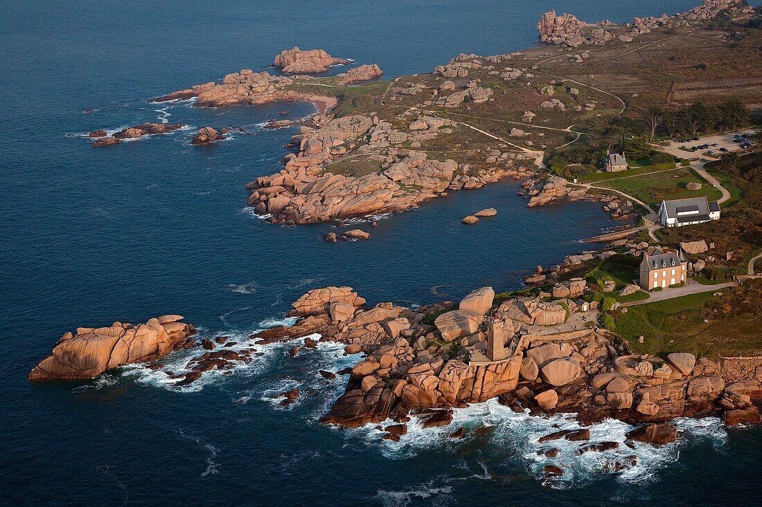 France, Cotes d' Armor, Ploumanach, the lighthouse in Perros Guirec, pink granite coast